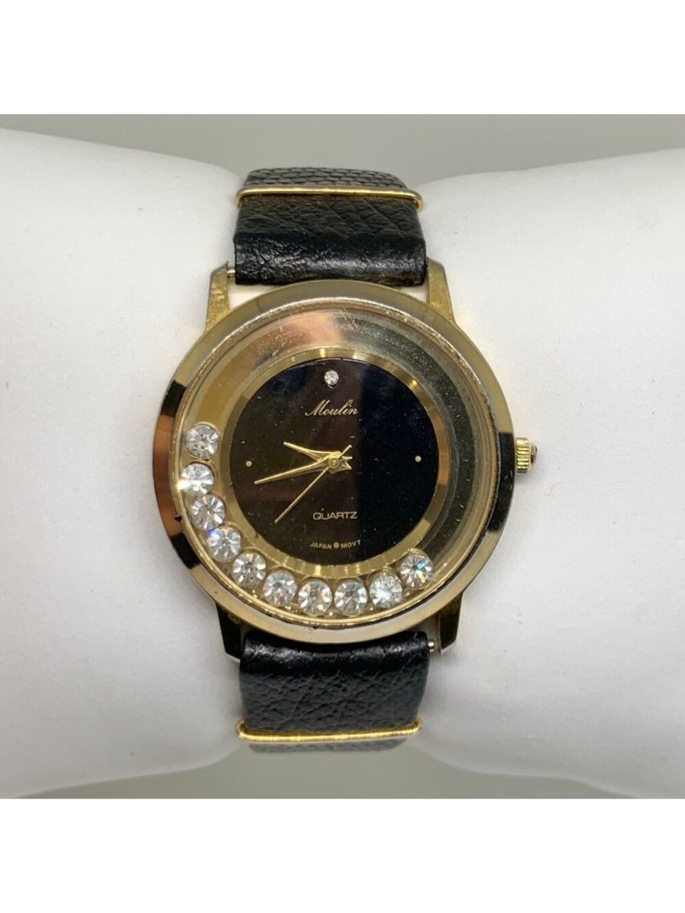Vintage moulin women watch floating crystals gold tone 33mm black running